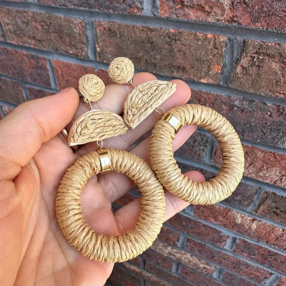 Anthro Boho Raffia Rattan Drop Earrings - Picture 3 of 8